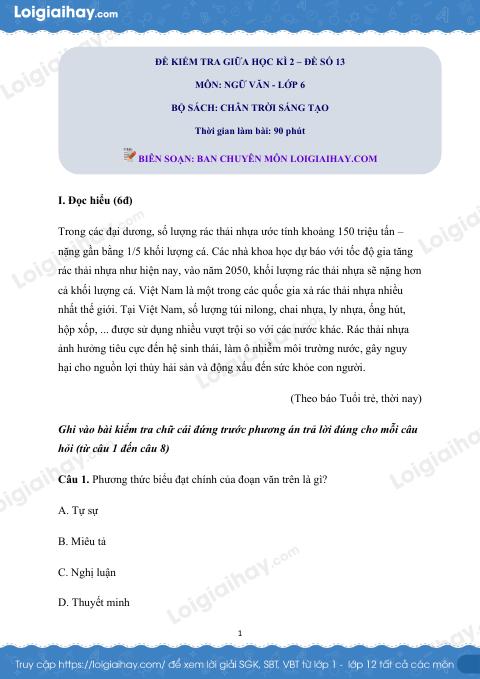 Đề thi giữa kì 2 Văn 6 Chân trời sáng tạo - Đề số 13